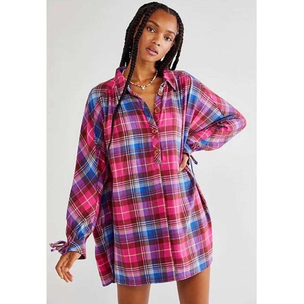 NWOT Free People Zoey Plaid Flannel Mini Dress Size Large